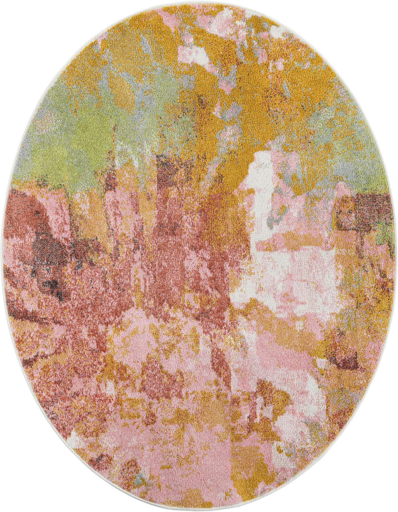 A 5' 1 x 5' 1 round multi-colored rug with an abstract, painterly design in shades of pink, orange, green, and white.