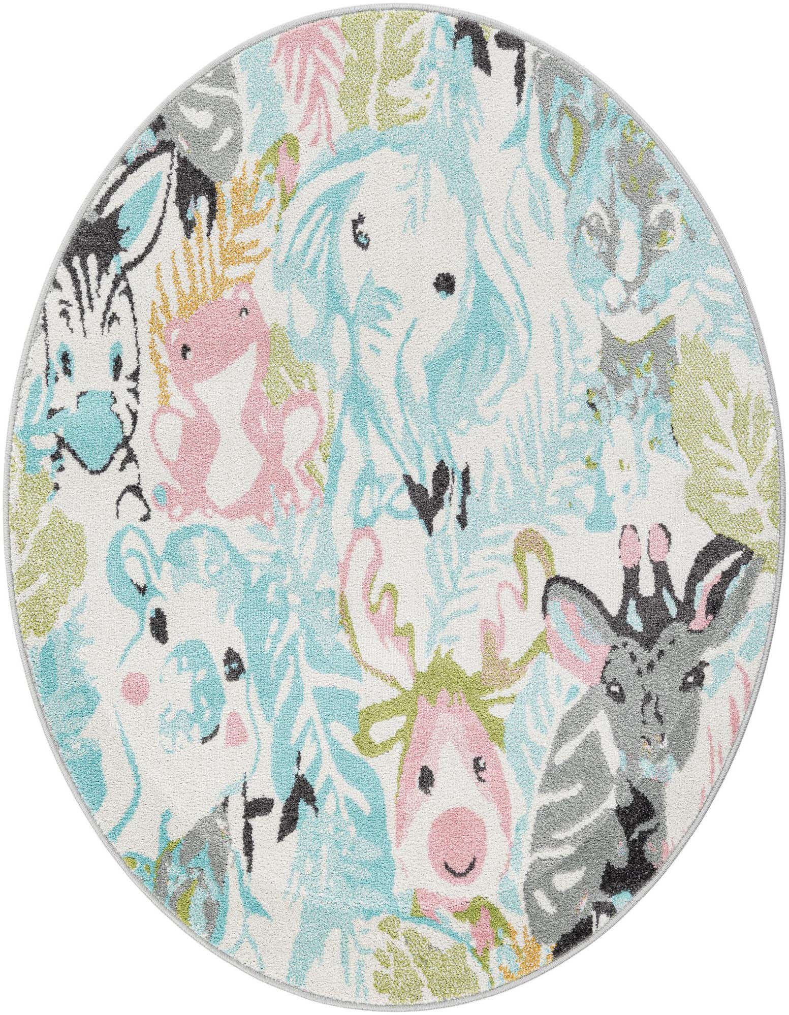 A round, multi-colored rug featuring a playful modern pattern of smiling cartoon animals like a zebra, giraffe, elephant, and deer, surrounded by pastel foliage on a white background.
