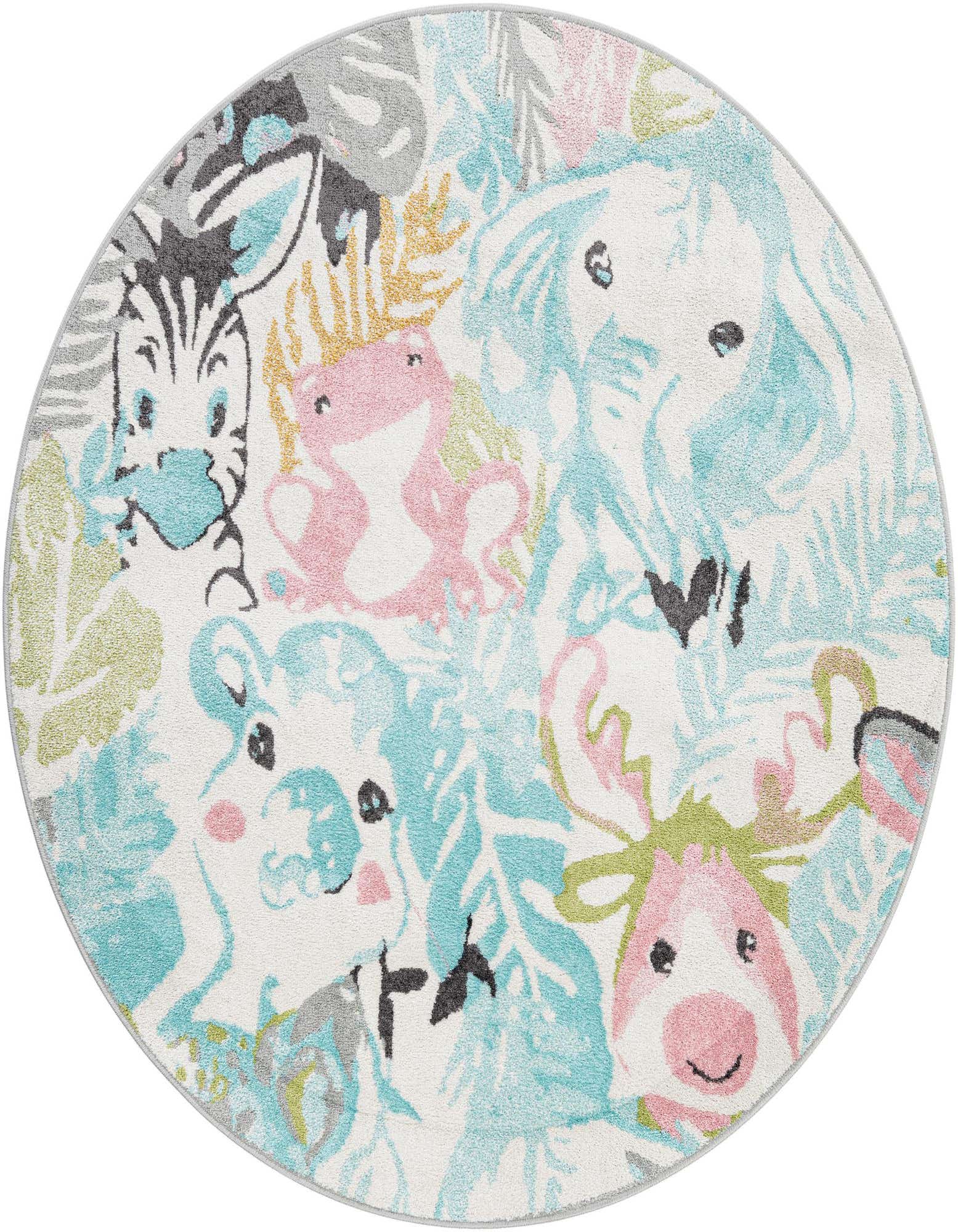 A round, multi-colored Whimsy Kids rug featuring a playful modern pattern of cartoon jungle animals like a zebra, frog, elephant, and deer on a white background, perfect for a child's room.