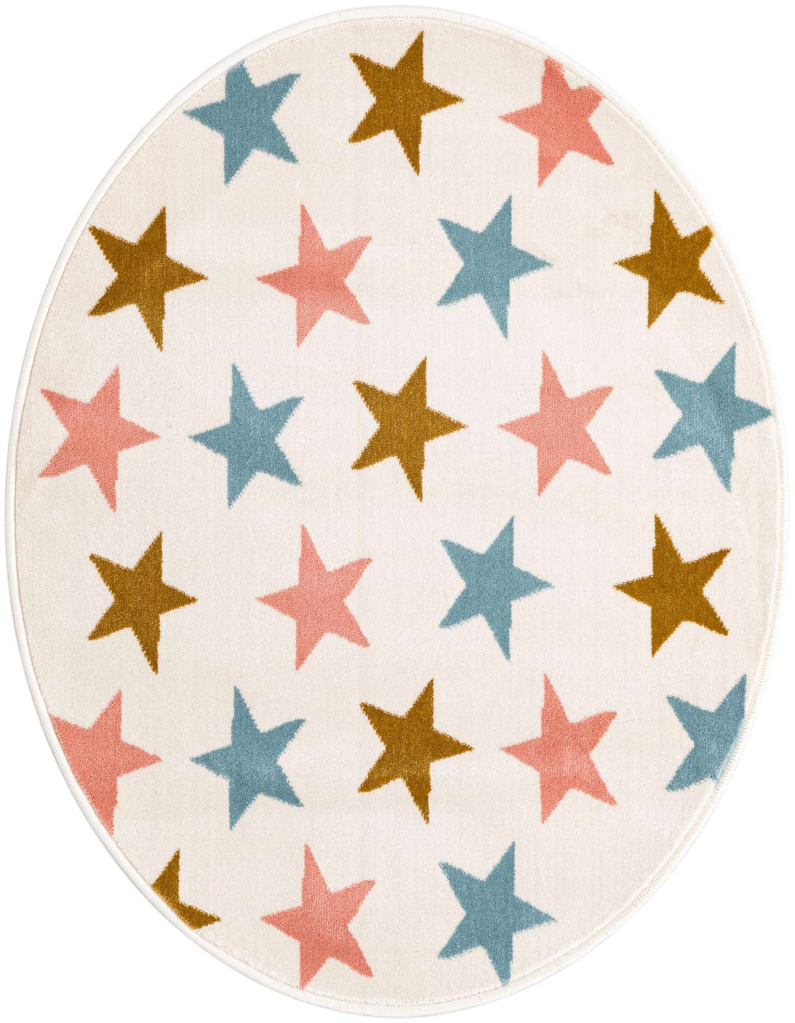 A round, off-white rug with a playful pattern of scattered pink, blue, and gold stars, perfect for a child's room.
