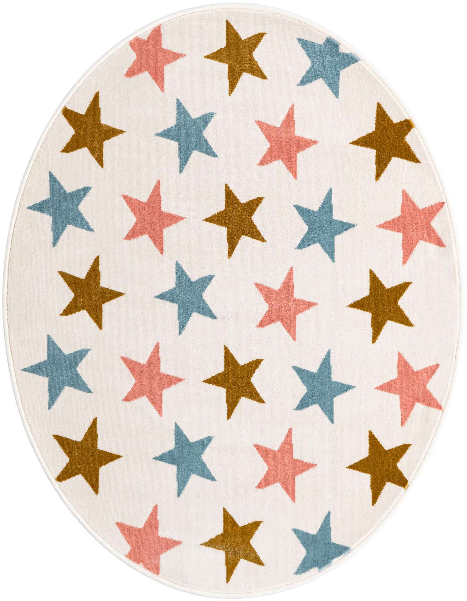 A round, multi-colored rug with a playful star pattern in pink, blue, and brown on a cream background.