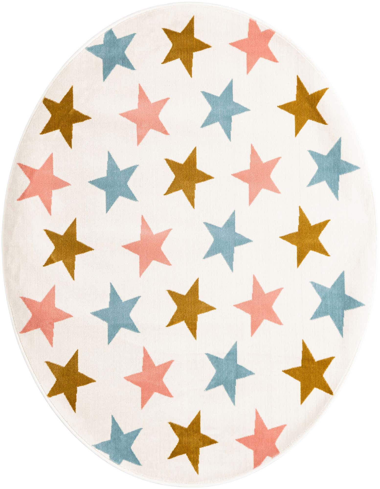 A 5' 3 x 5' 3 round ivory rug with a playful pattern of blue, pink, and gold stars, perfect for a child's room.