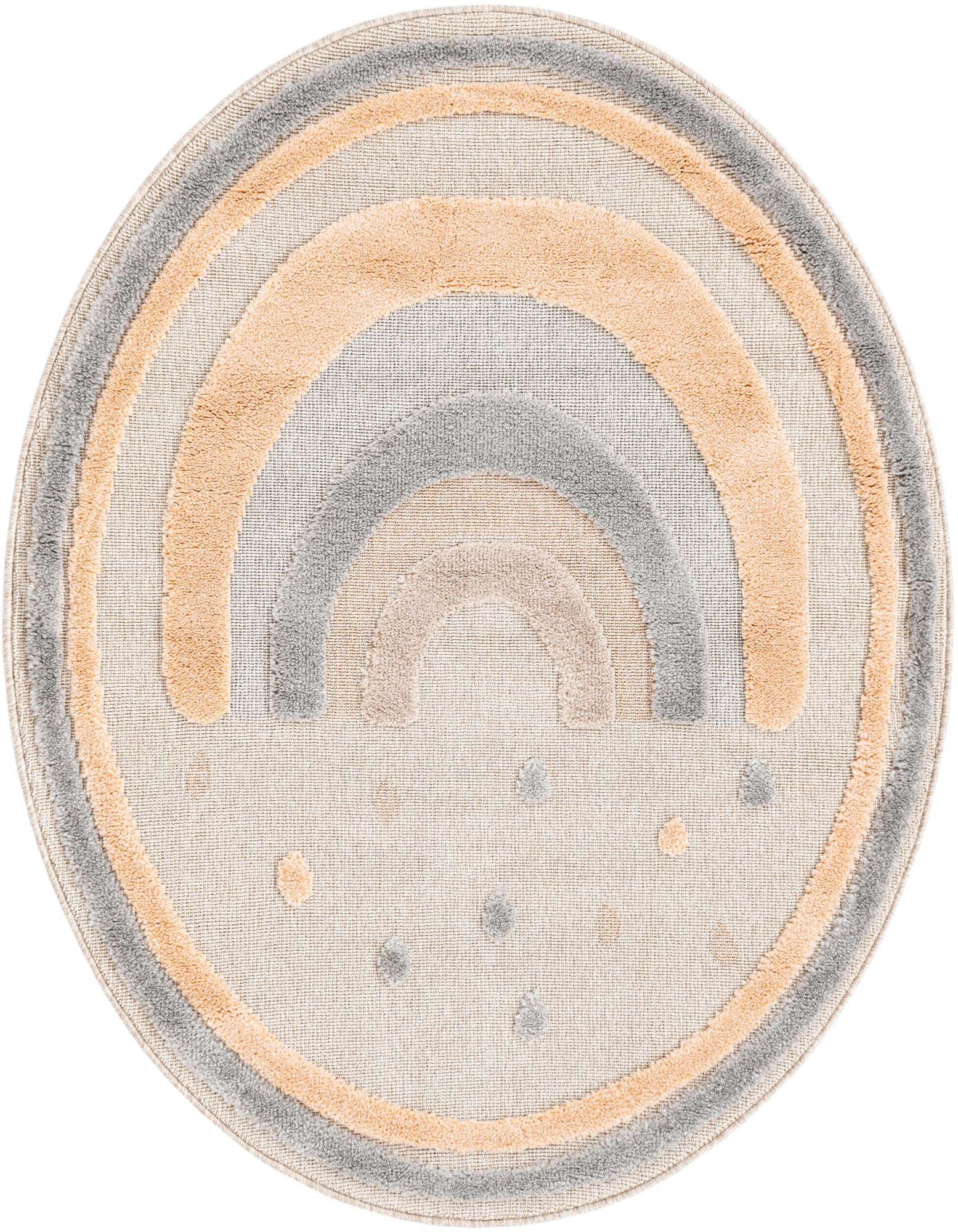 A round, multi-colored rug with a large, textured rainbow design in muted peach and grey tones on a light background, perfect for a child's room.
