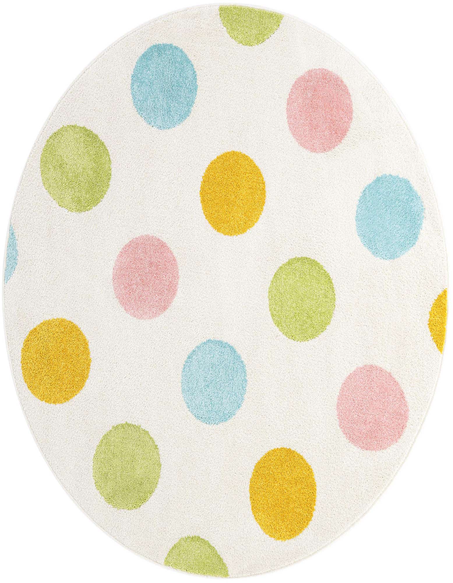 A 5' round rug with a white background and large, colorful polka dots in pink, blue, green, and yellow.