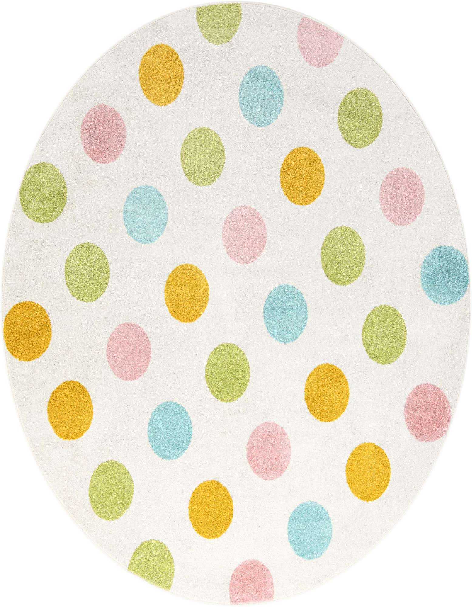A 7' 10 round white rug with a playful pattern of large multi-colored polka dots in pink, blue, green, and orange.