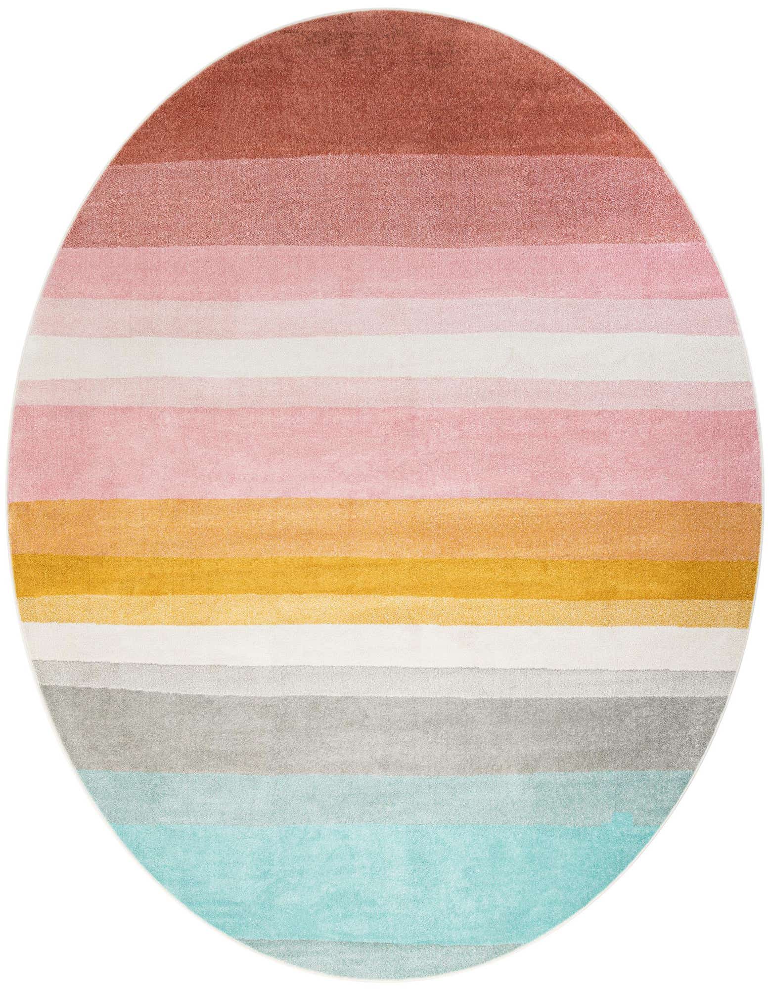 A large round multi-colored modern stripe rug featuring bands of pink, orange, yellow, white, gray, and blue.