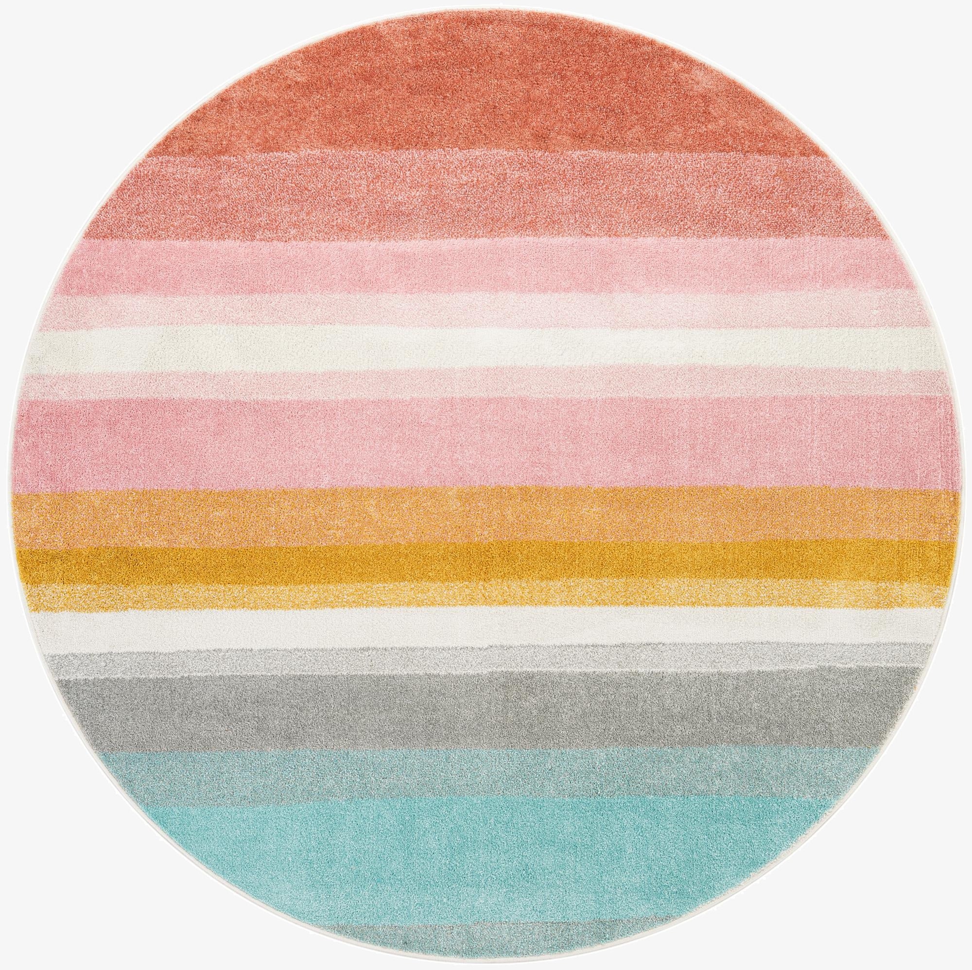 A 7' round multi-colored rug with horizontal stripes in various shades of pink, orange, white, grey, and teal.
