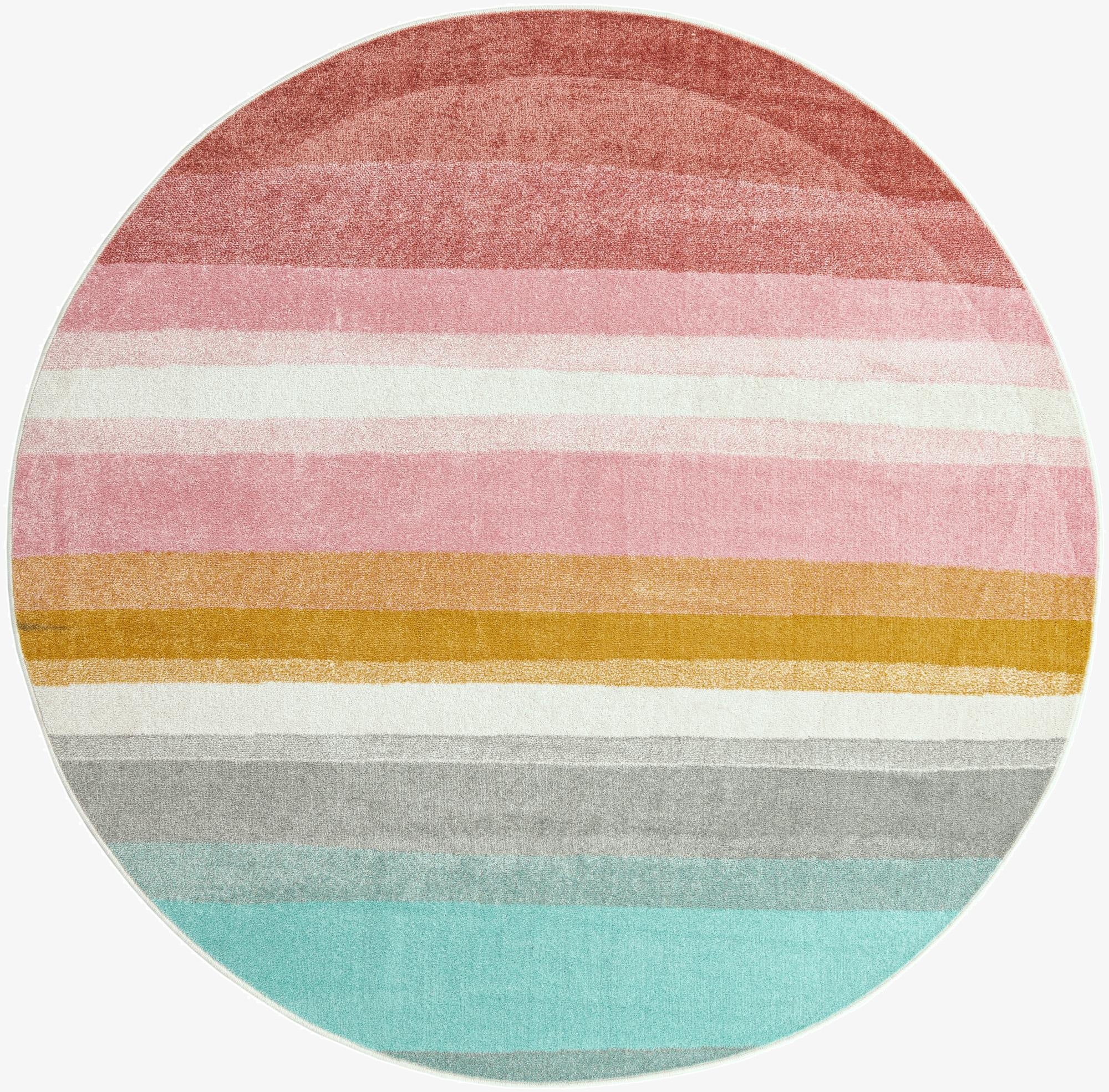 A round, multi-colored rug featuring horizontal stripes in shades of pink, white, gold, grey, and teal.