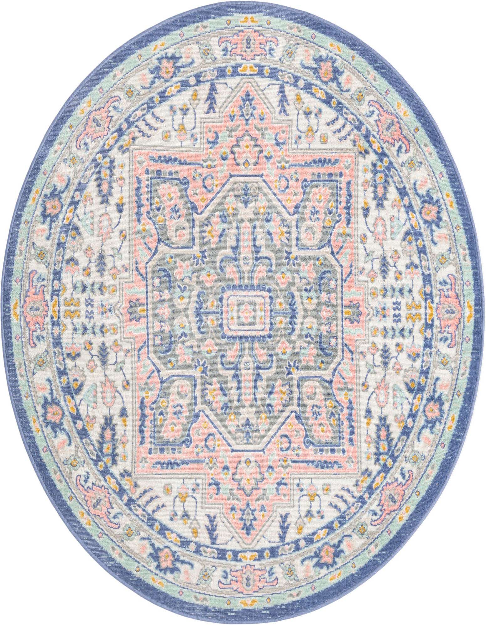 A 5' round multi-colored rug with a vintage medallion pattern in shades of blue, pink, and grey on a white background, framed by a dark blue border.
