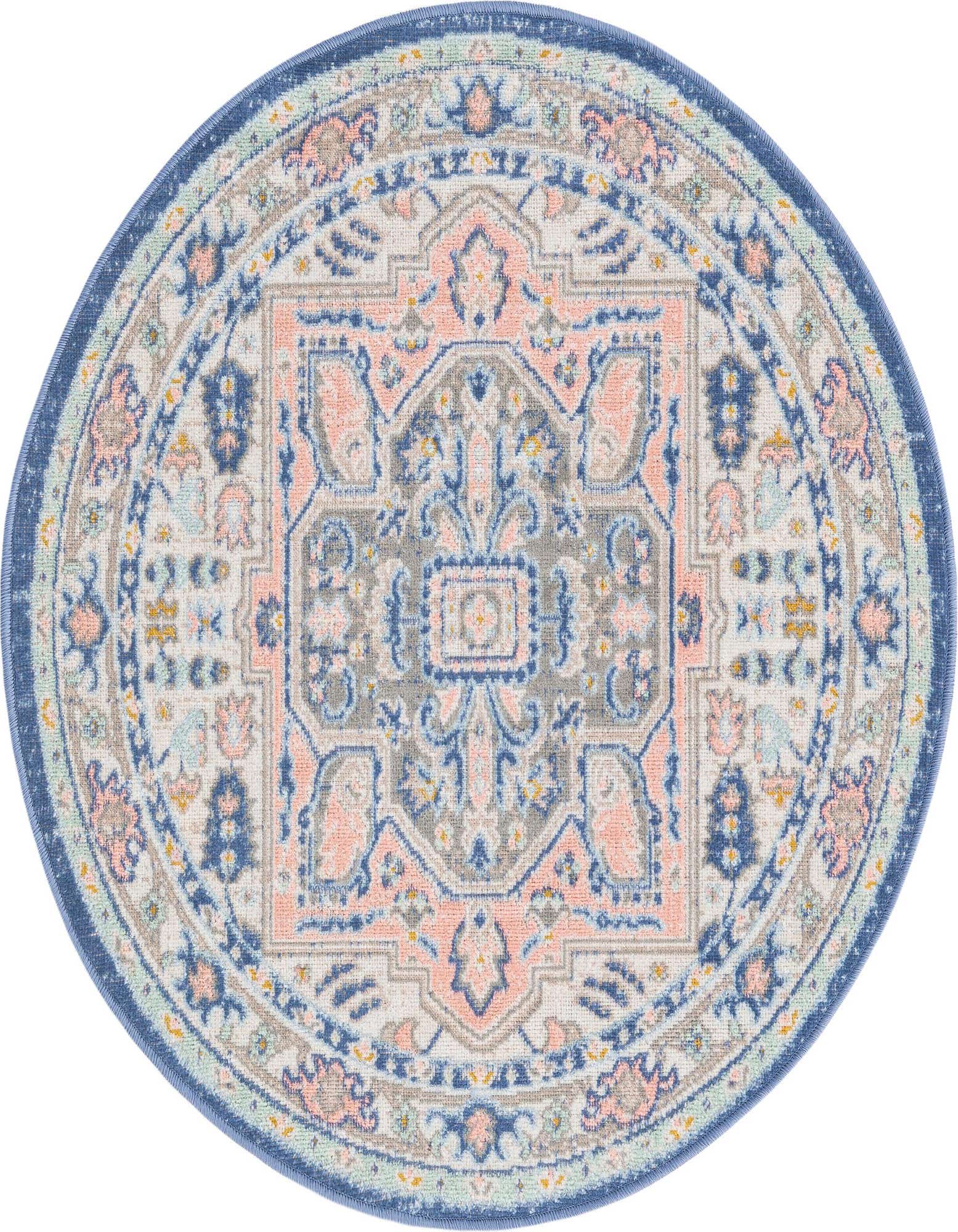 A 3' 3 x 3' 3 round multi-colored rug with a vintage medallion and farmhouse pattern, featuring shades of blue, pink, and gray.