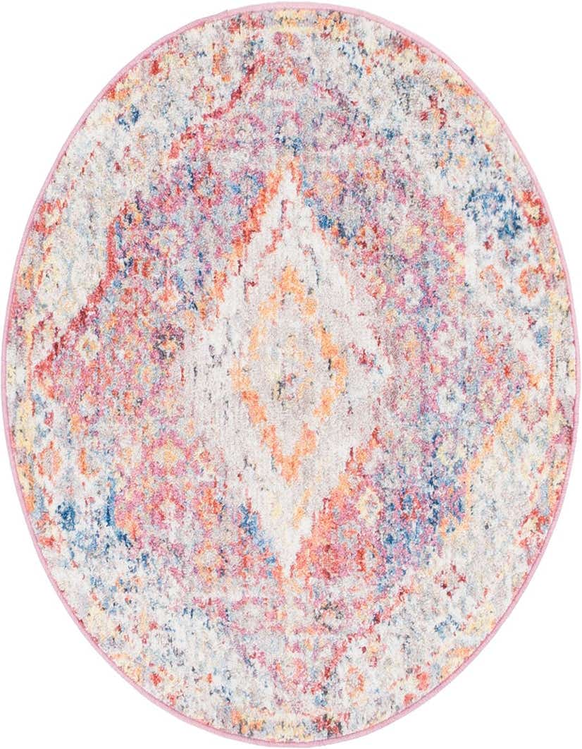 A 3' 3 round multi-colored Bohemian rug with a faded medallion pattern in pink, blue, orange, and white.