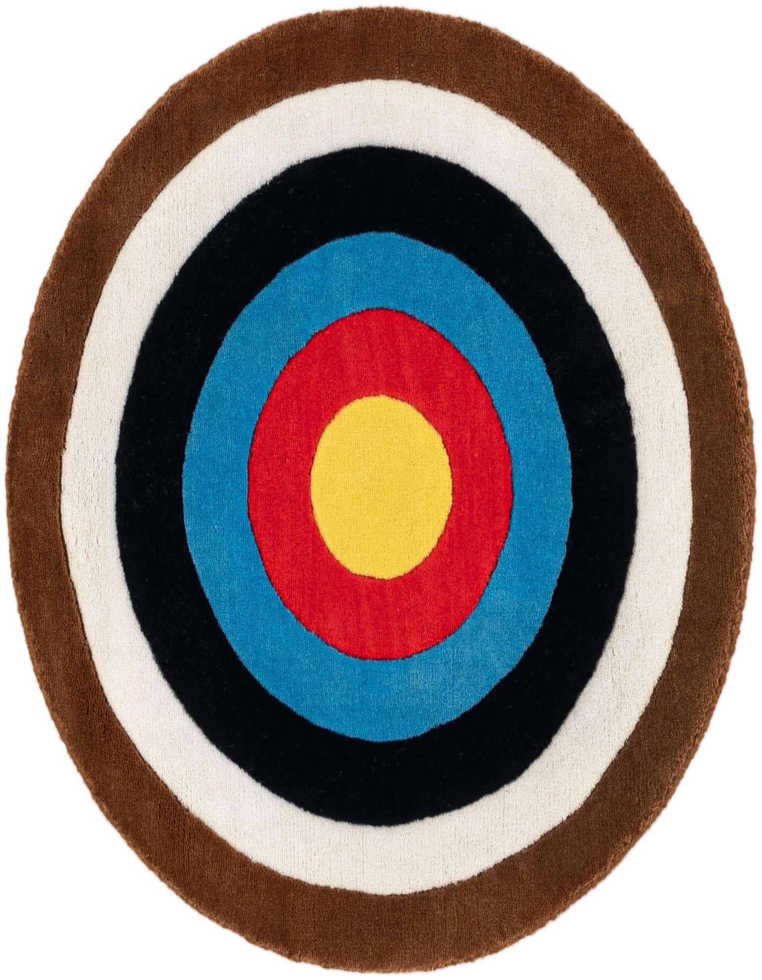 A round, multi-colored target-patterned rug with concentric circles in brown, white, black, blue, red, and yellow.