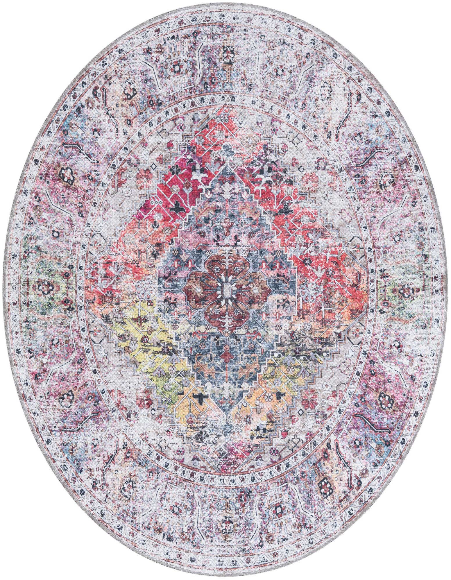 A round, multi-colored Rugs.com Yara rug featuring a vibrant tribal medallion pattern in red, blue, yellow, and pink hues on a light background.
