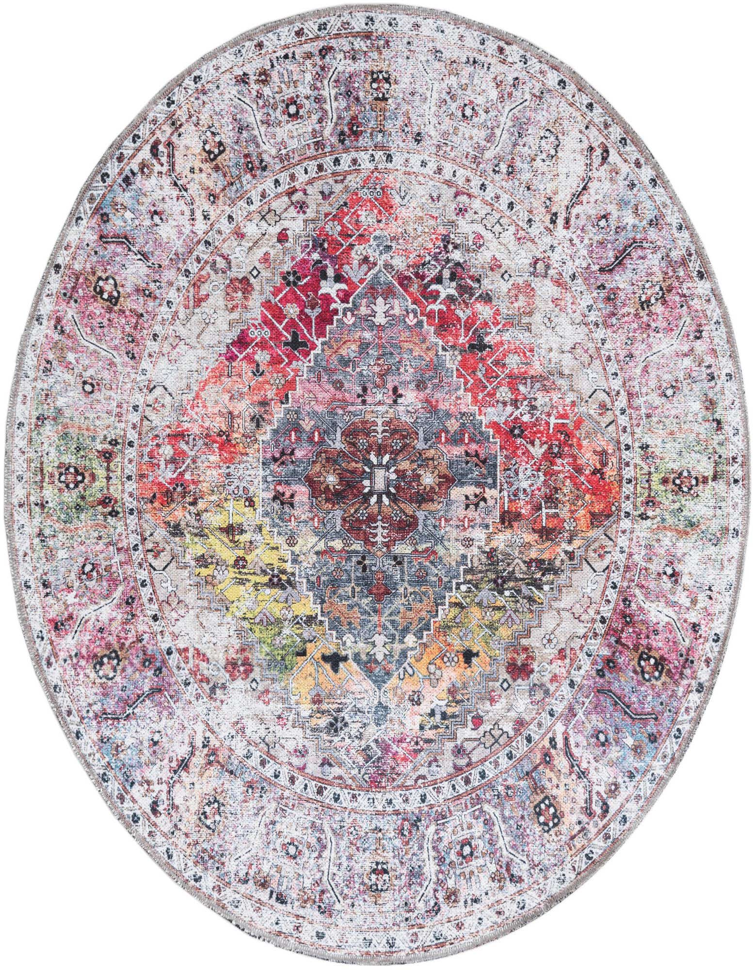 A 4' round multi-colored tribal medallion rug with vibrant red, yellow, blue, and pink hues on a distressed white background.