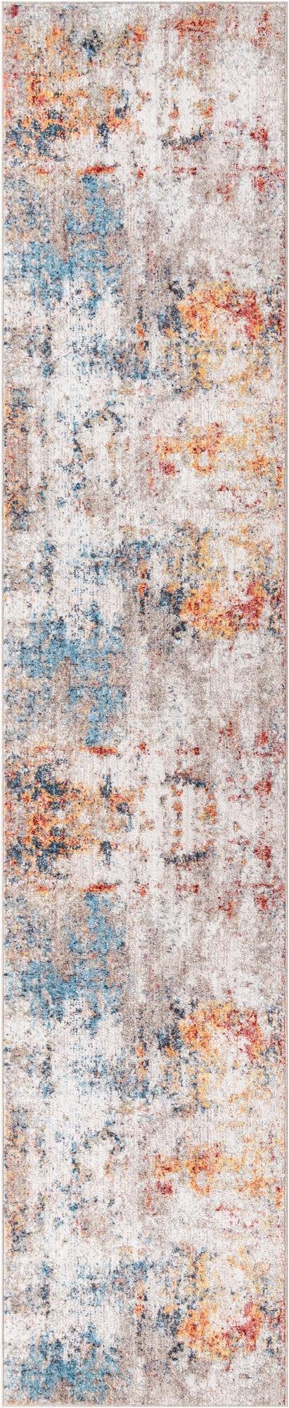 A 13 ft runner rug with a modern abstract pattern in multi-colored hues of blue, orange, red, and beige, ideal for a hallway.