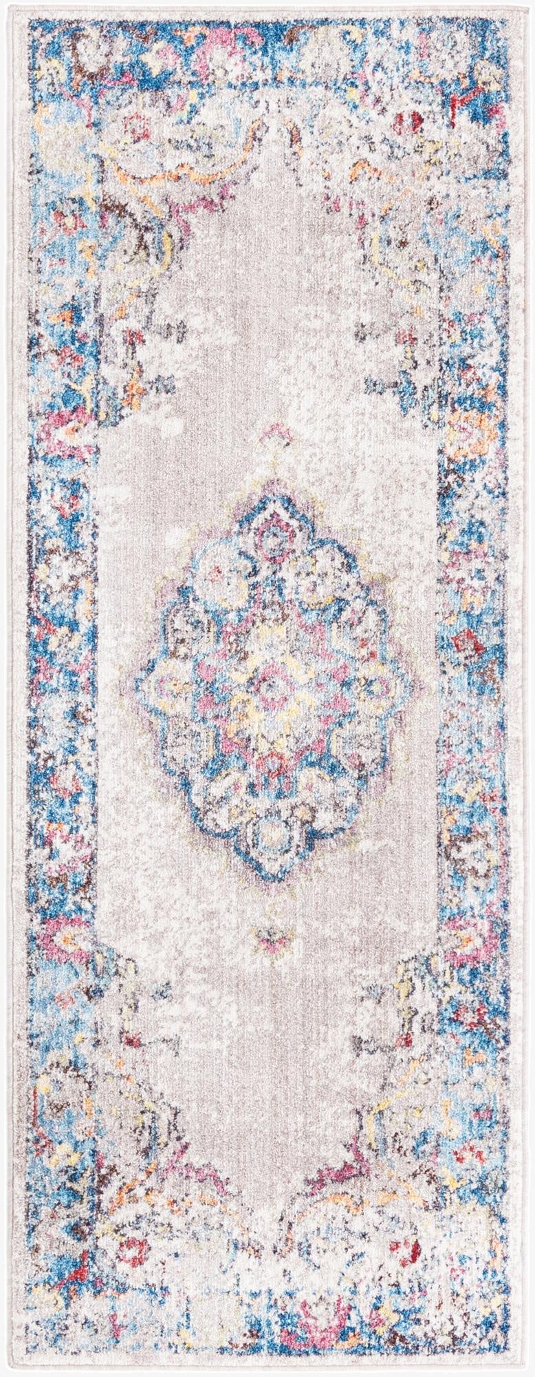 A 6 ft runner rug with a distressed modern pattern featuring a light grey base and a vibrant multi-colored border and medallion.