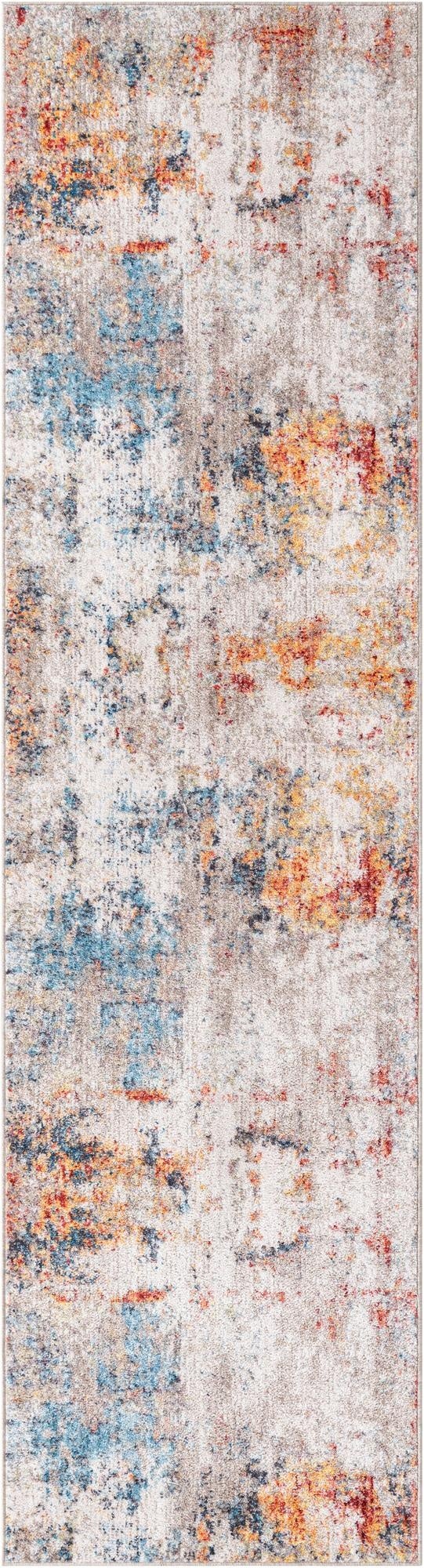 A 10 ft runner rug with a modern abstract pattern in multi-colors, featuring splashes of blue, orange, red, and gray on a light background.
