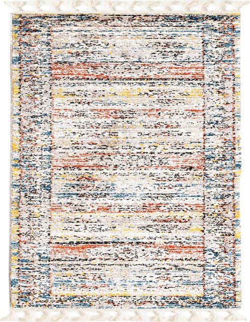 A multi-colored 8 ft runner rug with a modern stripe pattern and fringe, ideal for hallways.