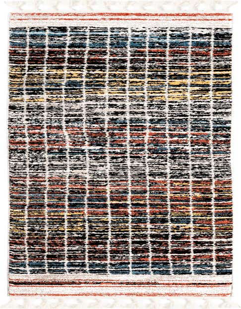 A multi-colored 8 ft runner rug with a modern grid pattern and stripes, featuring white tassels.