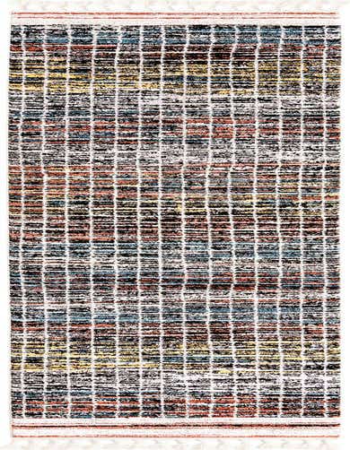 A 13 ft multi-colored modern runner rug with a striped grid pattern and fringe, perfect for a hallway.