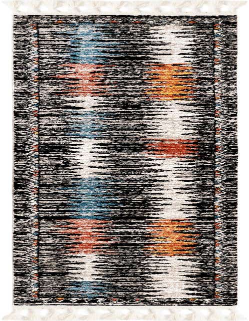 A multi-colored 8 ft runner rug from the Aramis collection, featuring a modern stripe pattern in black, white, blue, and orange with tassels.
