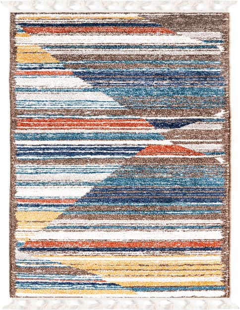 A multi-colored 8 ft runner rug with a modern stripe pattern in shades of blue, orange, yellow, brown, and white, featuring tassels on the ends.