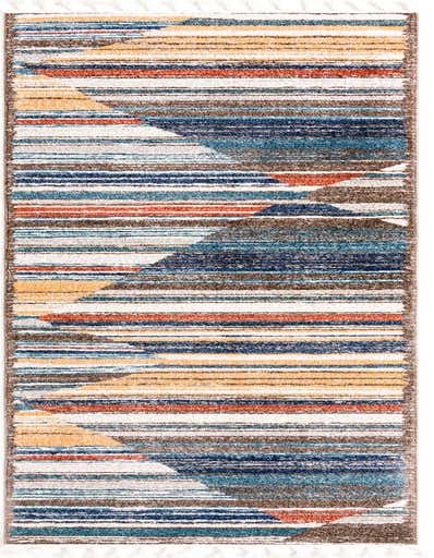 A 13 ft multi-colored runner rug with modern stripes and geometric shapes in shades of blue, orange, brown, and white, featuring white tassels.