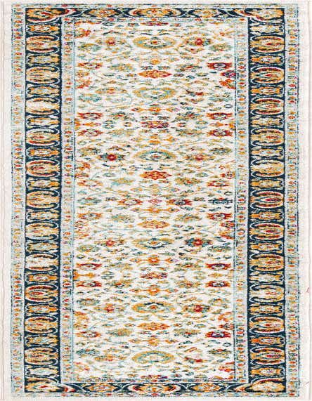 A 12 ft multi-colored runner rug with a traditional floral and botanical pattern, featuring a white center and a dark blue border with orange and red accents.