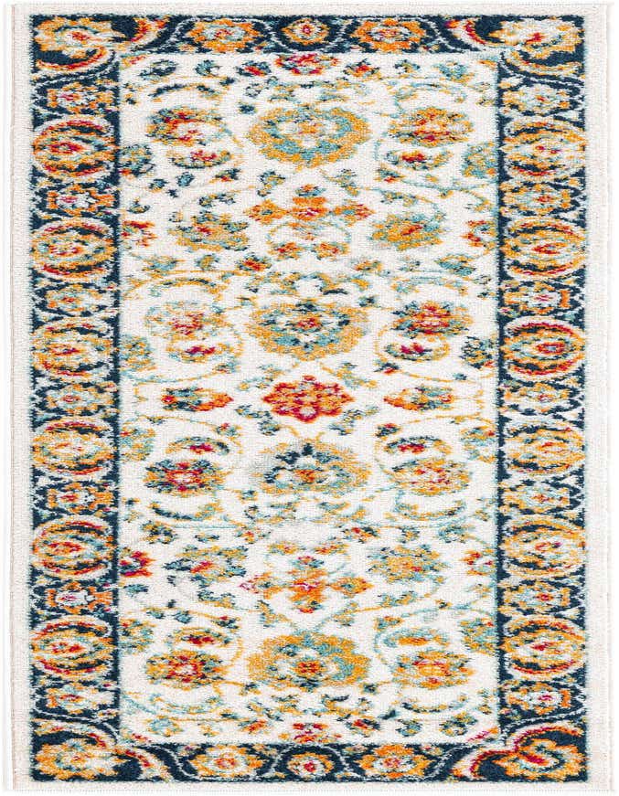 A 6 ft runner rug featuring a multi-colored traditional floral pattern on a cream background with a dark blue border, ideal for hallways.