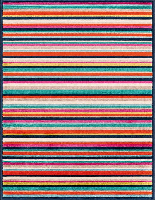 A vibrant 8 ft runner rug with horizontal stripes in various colors, including orange, pink, blue, teal, yellow, and beige, perfect for a hallway or kitchen.