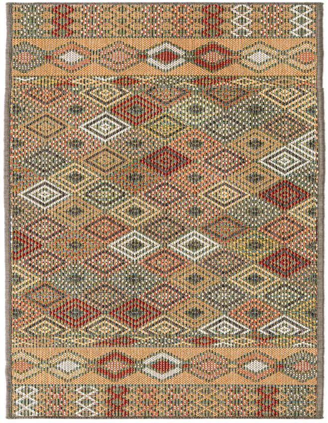 A 6 ft multi-colored runner rug with a modern trellis pattern, featuring various diamond shapes in red, orange, green, and white on a flatweave texture.