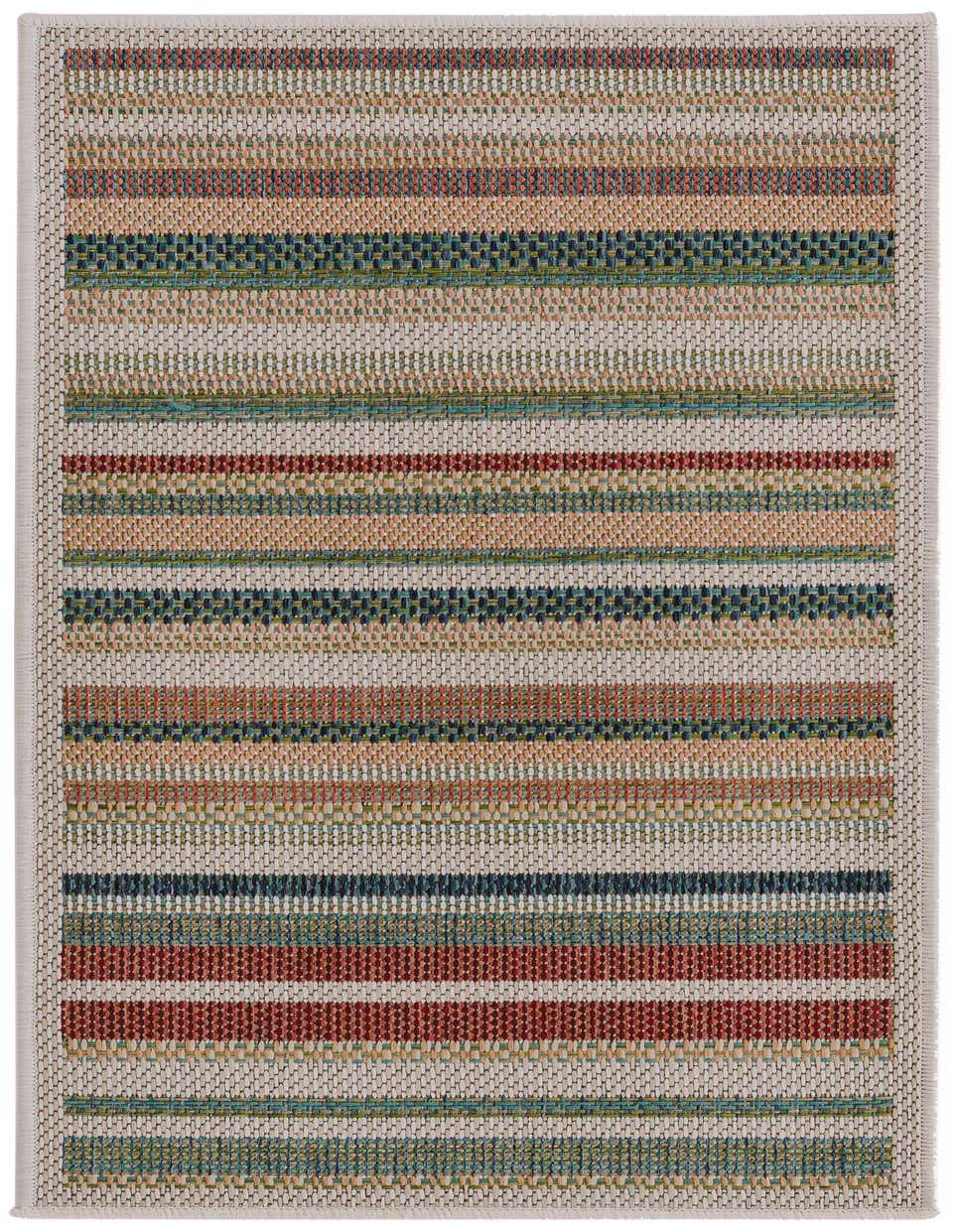 A 4 ft runner rug with a modern multi-colored stripe pattern, featuring shades of red, blue, green, and orange on a light background, suitable for a hallway or patio.