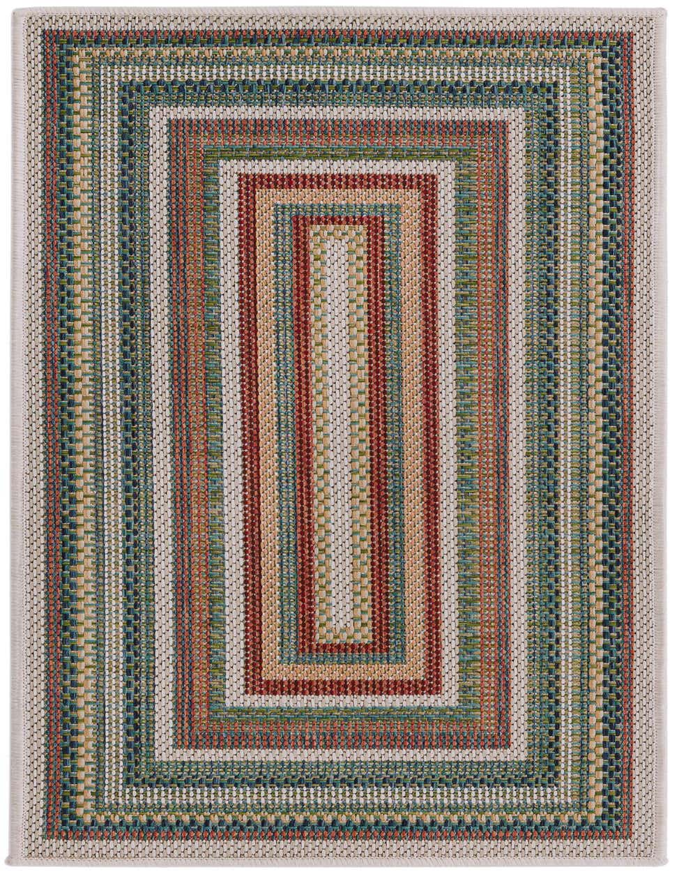 A multi-colored 4 ft runner rug with a modern striped pattern, featuring shades of red, blue, green, and beige, suitable for a hallway or patio.