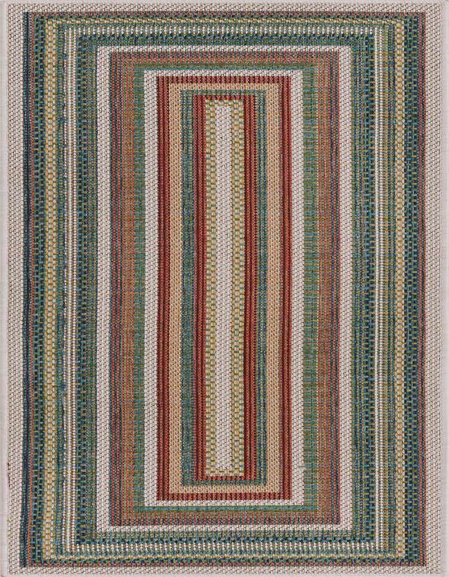A 6 ft runner rug featuring a multi-colored striped pattern with concentric rectangles in teal, red, and beige, suitable for indoor or outdoor use.