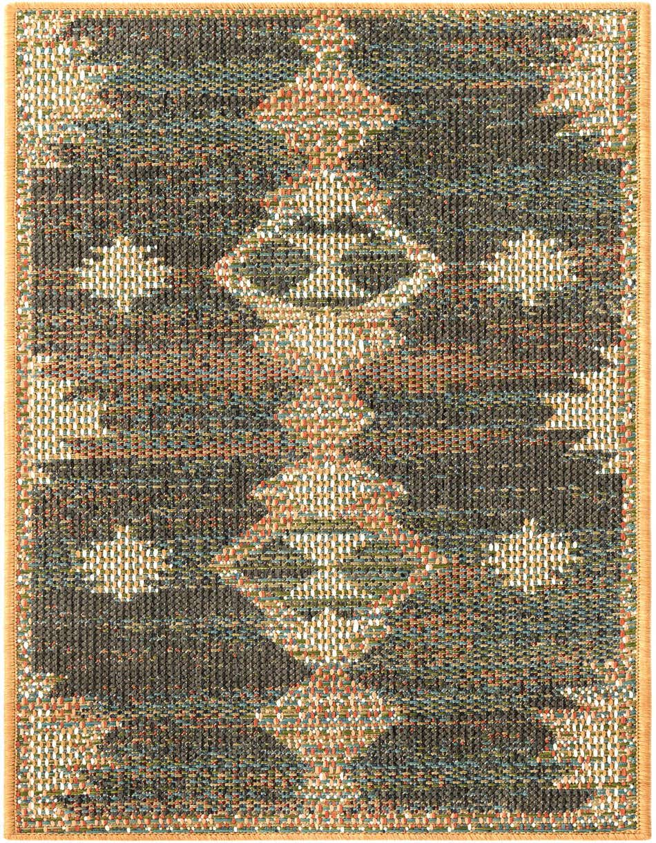 A multi-colored 4 ft runner rug with a Southwestern tribal pattern in shades of blue, orange, green, and cream on a dark background, suitable for a hallway or patio.