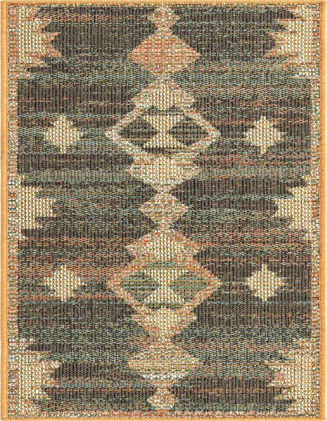 A multi-colored 6 ft runner rug with Southwestern and tribal patterns in shades of brown, teal, and orange, ideal for a hallway or patio.