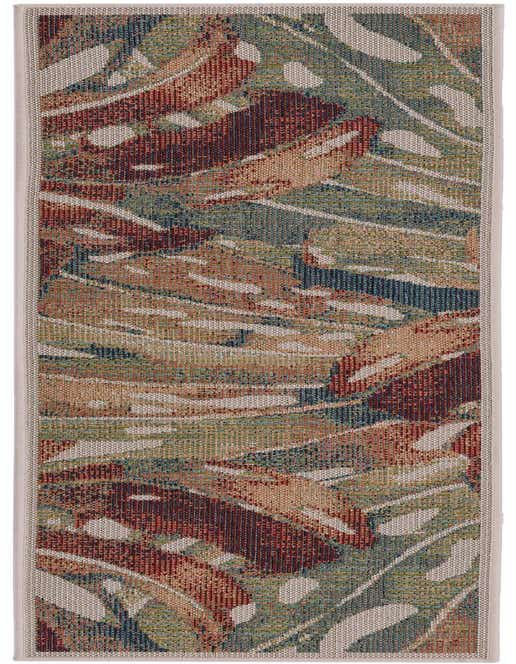 A multi-colored 8 ft runner rug with a modern botanical pattern featuring shades of red, green, blue, and tan, ideal for a hallway or patio.