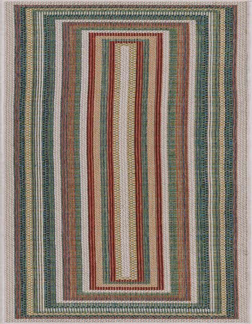 A 13 ft multi-colored runner rug with a modern striped pattern, featuring shades of teal, red, beige, and green, suitable for a hallway or patio.