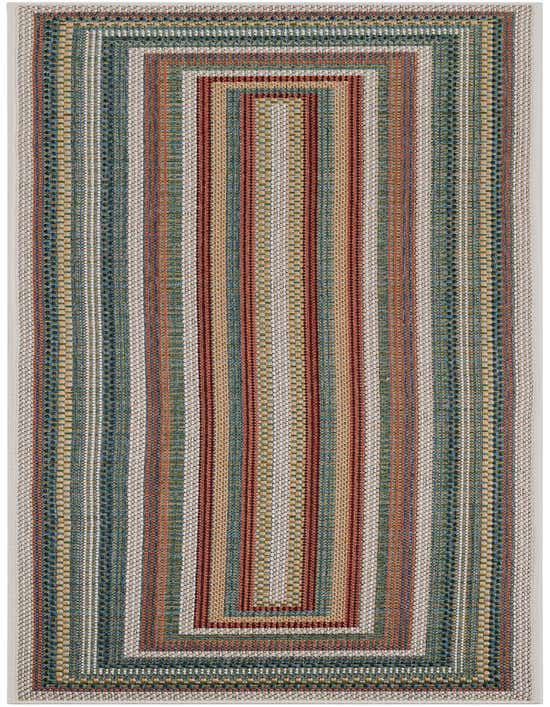 A 7 ft runner rug featuring a multi-colored stripe pattern with shades of teal, red, and beige, ideal for a hallway or patio.