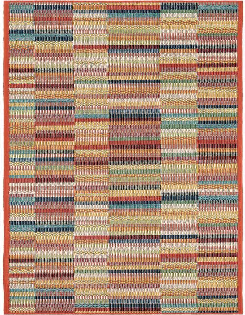 A vibrant 8 ft multi-colored runner rug with a modern geometric pattern, ideal for a hallway or patio.