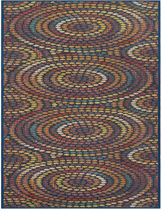 A 10 ft runner rug featuring a modern abstract pattern of multi-colored concentric circles on a dark blue background, suitable for a hallway or patio.