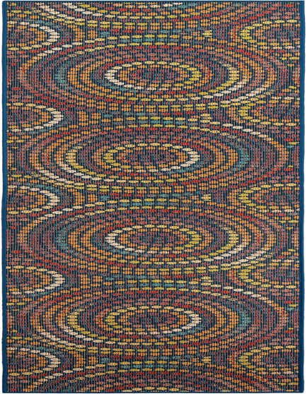 A 12 Ft runner rug with a modern abstract pattern of multi-colored concentric circles and dots on a dark blue background.