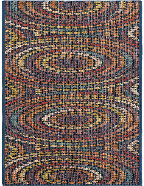 A multi-colored 8 ft runner rug with a modern abstract pattern of concentric circles in blue, orange, yellow, and red.