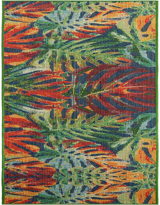 A 10 ft runner rug featuring a vibrant, multi-colored tropical leaf pattern on a dark blue background with a green border, suitable for a hallway or patio.