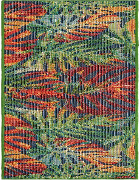 A vibrant 8 ft runner rug featuring an abstract tropical leaf pattern in red, orange, green, and blue, with a thin green border.