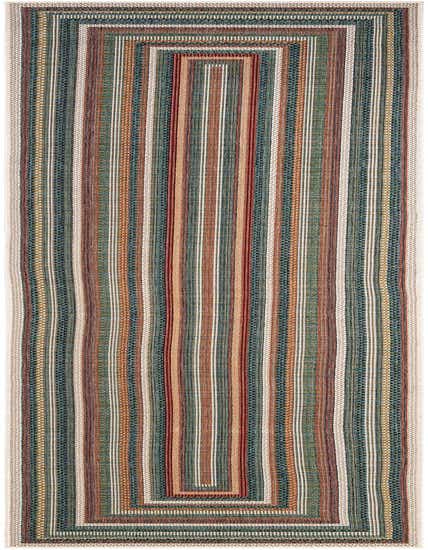 A 12 ft multi-colored runner rug with modern stripes in shades of teal, rust, green, and cream, ideal for hallways or patios.