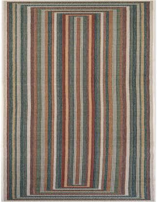 A 16 ft multi-colored striped runner rug, featuring thin bands of blue, green, orange, and brown, ideal for hallways or patios.