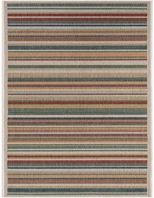 A 10 ft runner rug with a modern stripe pattern in multi-colored hues, suitable for a hallway or patio.