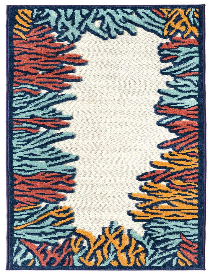 A 6 ft runner rug with a vibrant coastal abstract pattern in coral, teal, and orange against a cream background, bordered by navy blue, ideal for a hallway or patio.