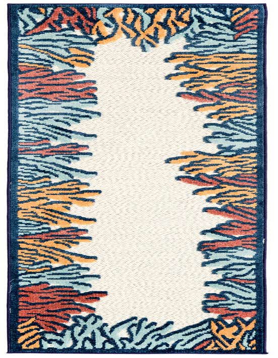 A multi-colored 8 ft runner rug with a vibrant abstract coral pattern in teal, orange, and red on a cream background, framed by a dark blue border, suitable for a hallway or patio.